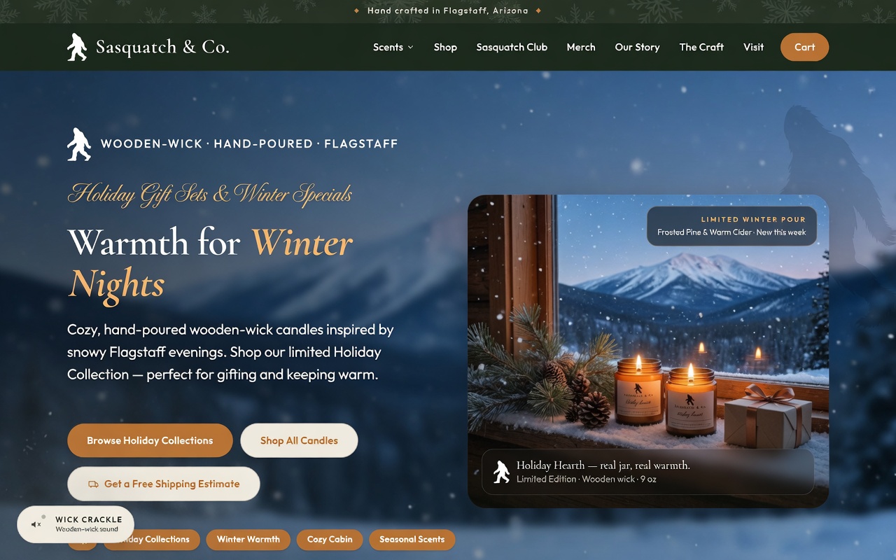 Festive winter homepage concept for Sasquatch Candle Company by SmallForge AI