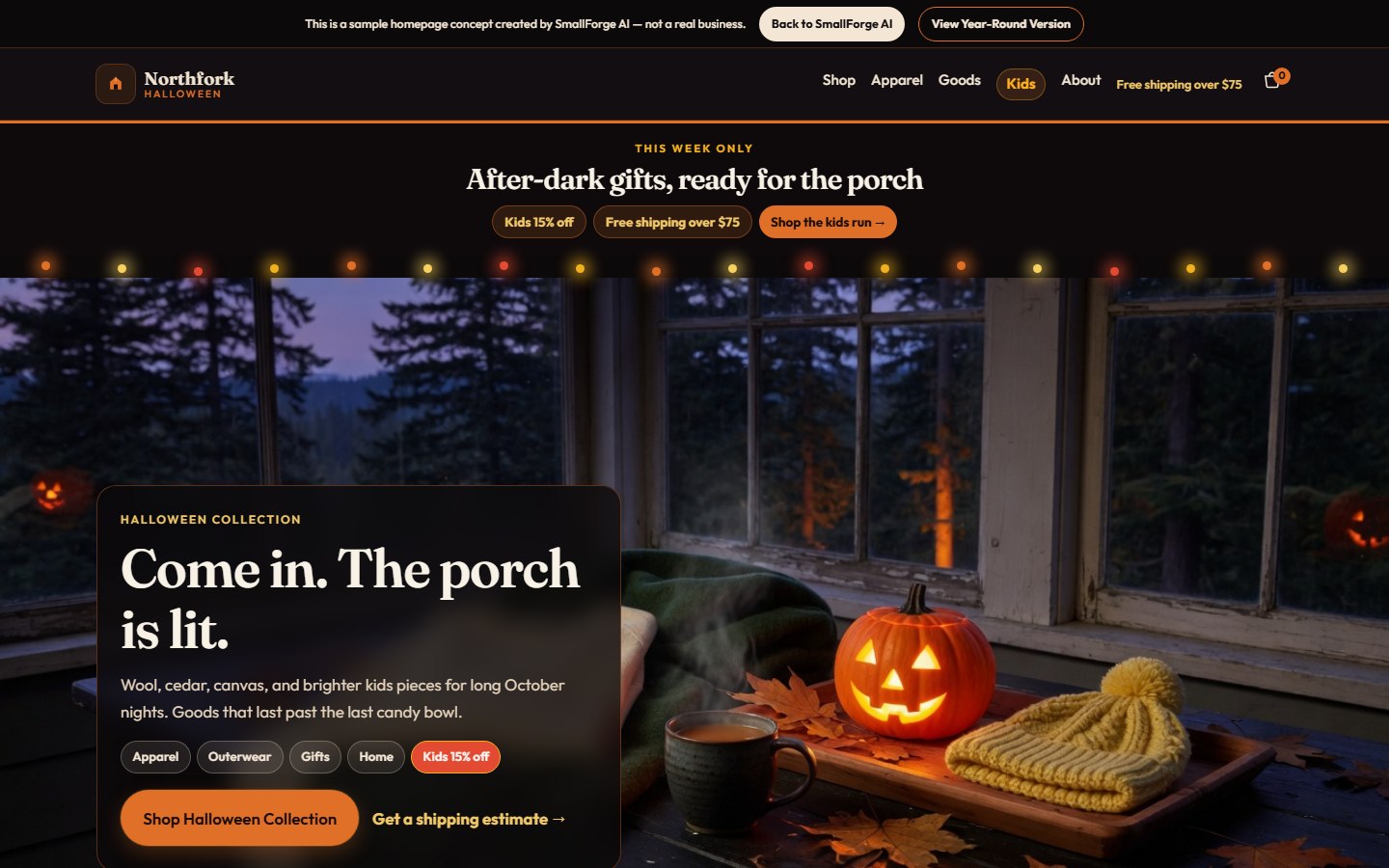 Halloween festive homepage concept for Northfork Goods by SmallForge AI — seasonal multi-product shop