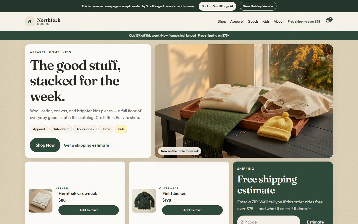 Year-round homepage concept for Northfork Goods by SmallForge AI — multi-product shop