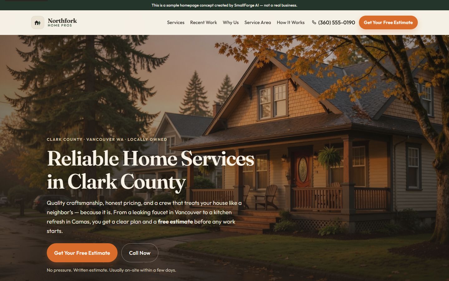 Year-round homepage concept for Northfork Home Pros by SmallForge AI — local home services in Clark County
