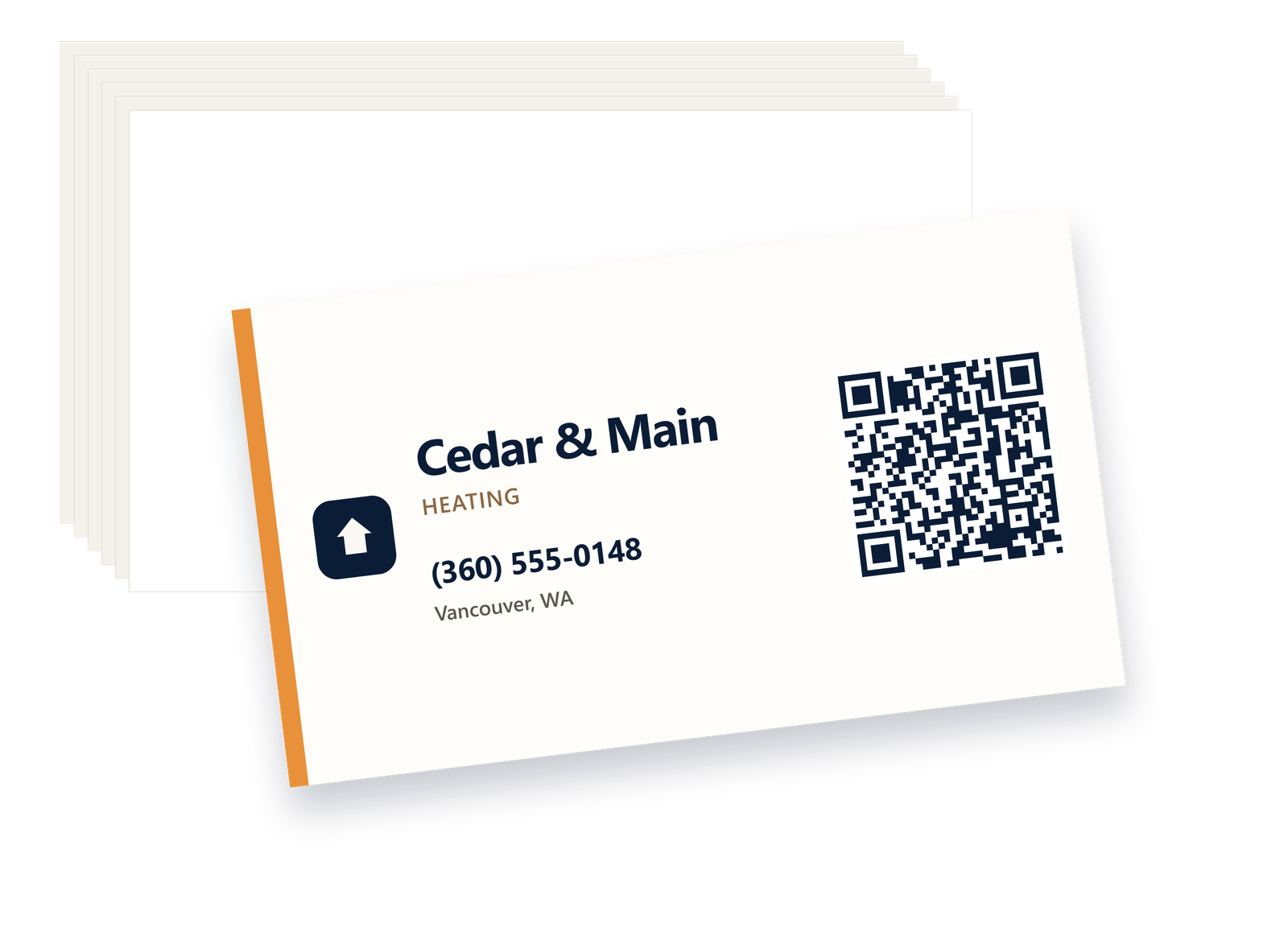 Business card with a logo, phone number, and QR code