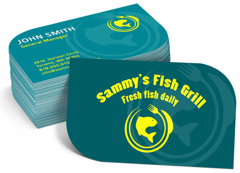 Rounded corner business cards in teal and yellow