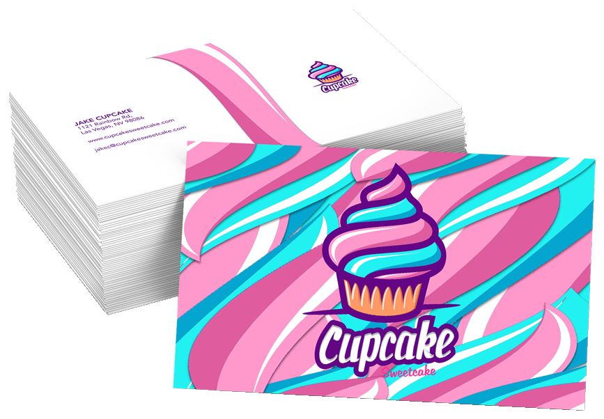 Standard business cards with a full-color cupcake design
