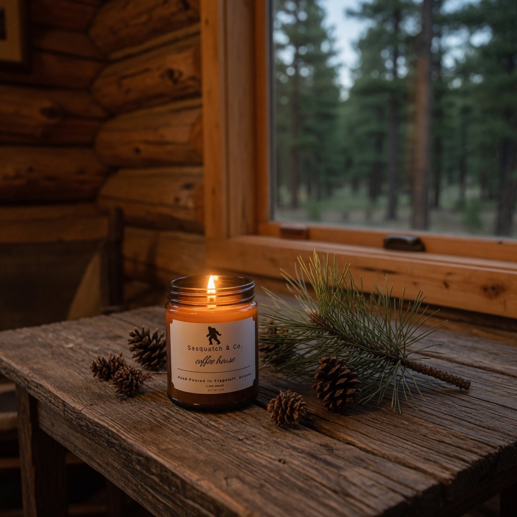 Sasquatch Candle Company hero — lit wooden-wick candle on a cabin table