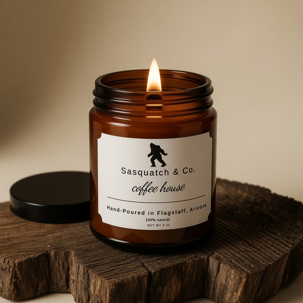 Sasquatch product layout — Coffee House wooden-wick candle product photo